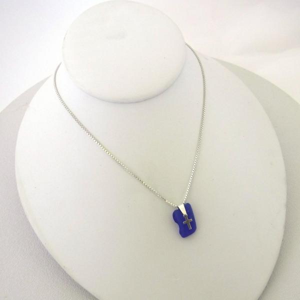 Dainty Cobalt Blue Sea Glass Necklace with Cross picture