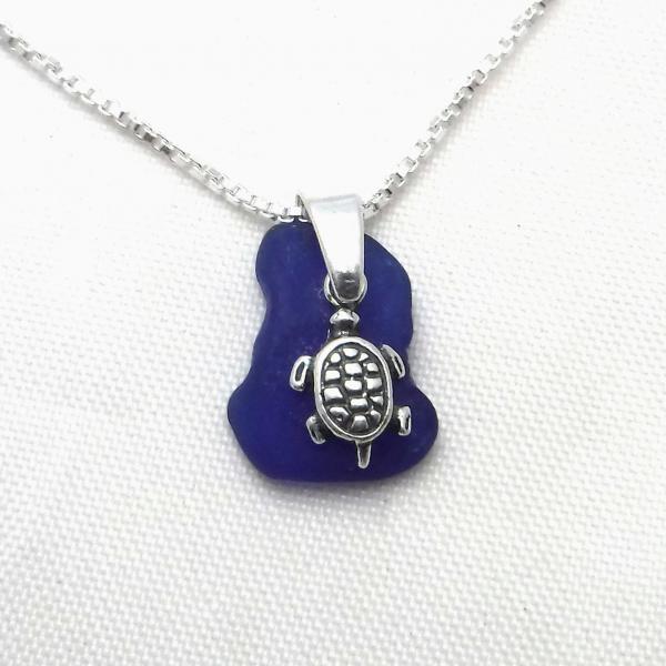Cobalt Blue Sea Glass Necklace With Turtle Charm