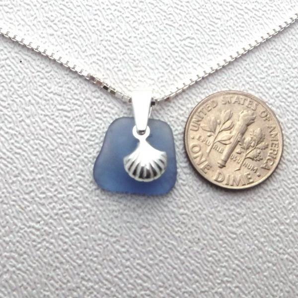 Dainty Cornflower Blue Sea Glass Necklace With Seashell Charm picture