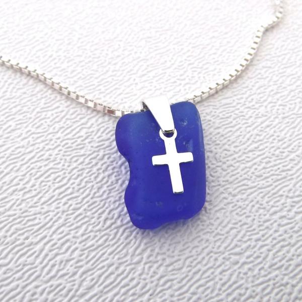 Dainty Cobalt Blue Sea Glass Necklace with Cross picture