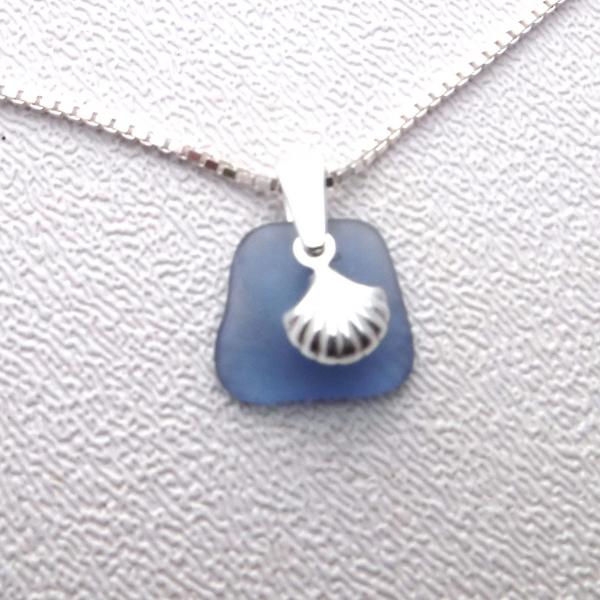 Dainty Cornflower Blue Sea Glass Necklace With Seashell Charm