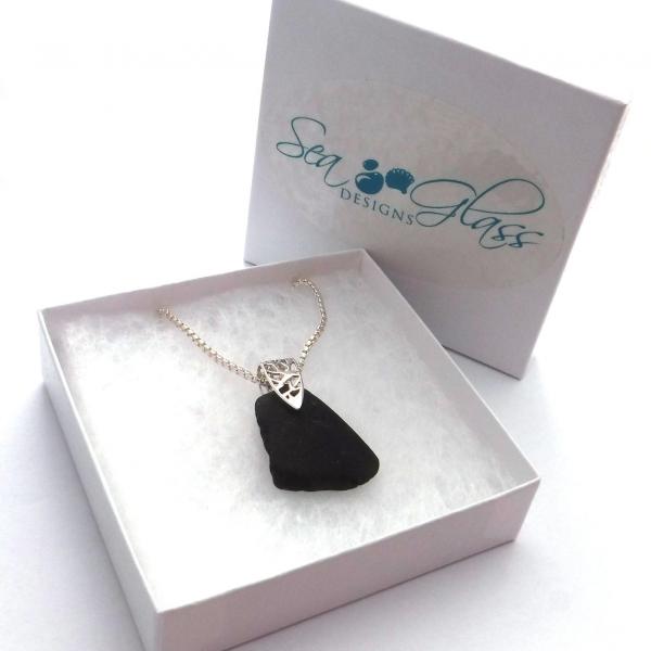 Rare Black Sea Glass Necklace with Filigree Branch-Patterned Bail picture