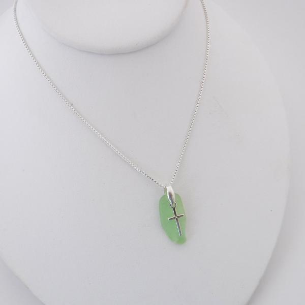 Lime Green Sea Glass Necklace With Cross Charm picture