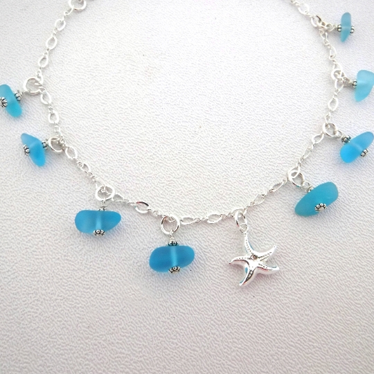 Turquoise Sea Glass and Starfish Dangle Anklet picture