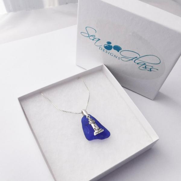 Cobalt Blue Sea Glass Necklace With Lighthouse picture