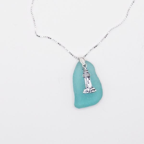 Turquoise Sea Glass Necklace With Lighthouse Charm