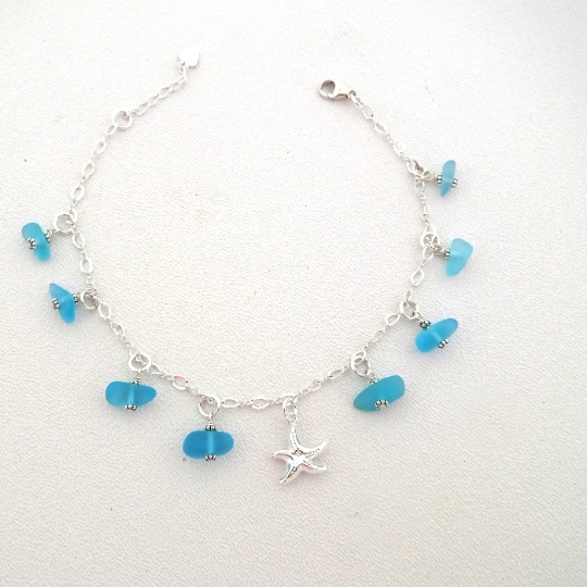 Turquoise Sea Glass and Starfish Dangle Anklet