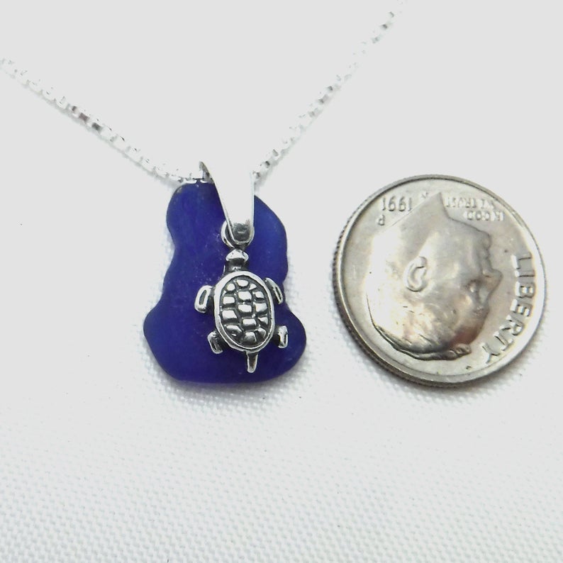 Cobalt Blue Sea Glass Necklace With Turtle Charm picture