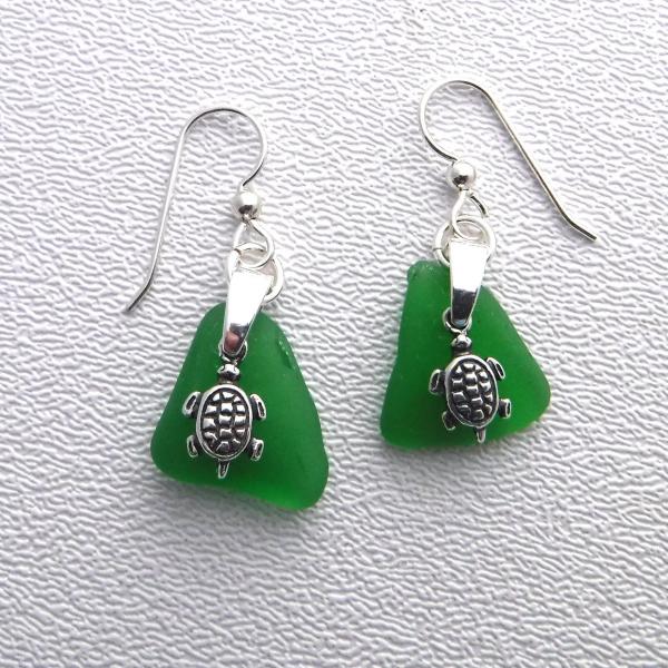 Kelly Green Sea Glass Earrings with Turtle Charms picture