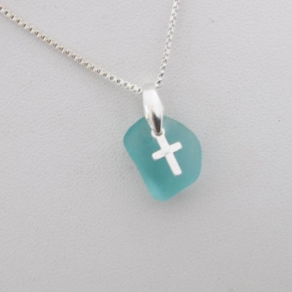 Dainty Turquoise Sea Glass Necklace With Cross Charm