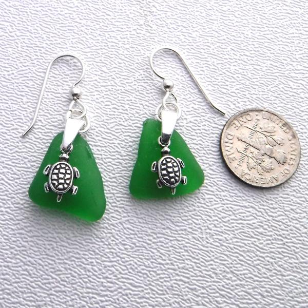 Kelly Green Sea Glass Earrings with Turtle Charms picture
