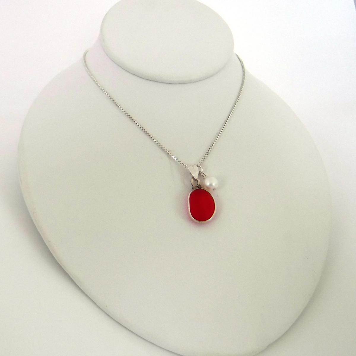 Red Sea Glass Necklace with Fresh Water Pearl picture