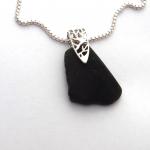 Rare Black Sea Glass Necklace with Filigree Branch-Patterned Bail