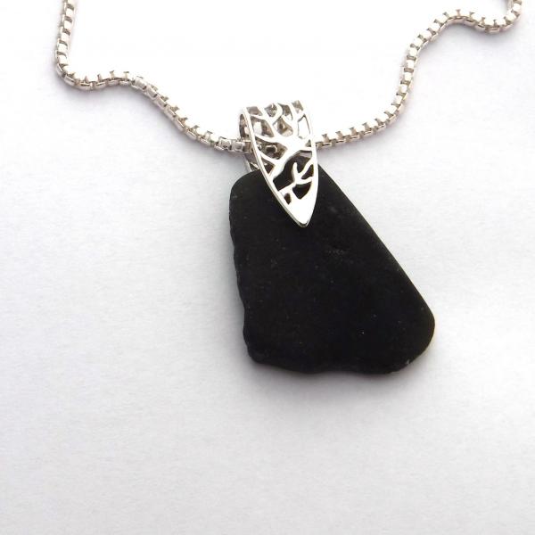 Rare Black Sea Glass Necklace with Filigree Branch-Patterned Bail picture