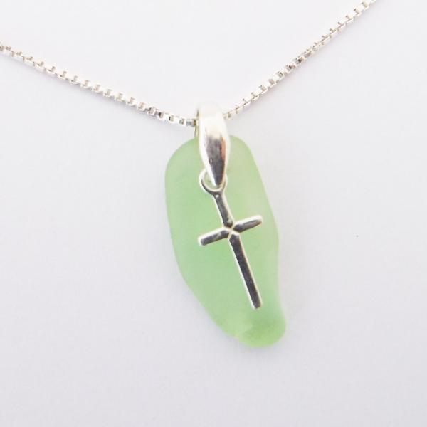 Lime Green Sea Glass Necklace With Cross Charm