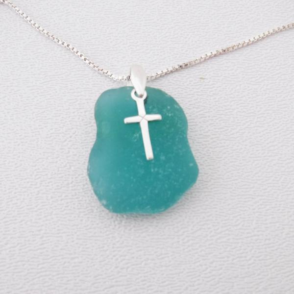 Turquoise Sea Glass Necklace With Cross picture