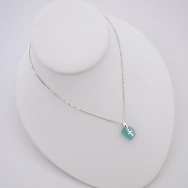 Dainty Turquoise Sea Glass Necklace With Cross Charm picture
