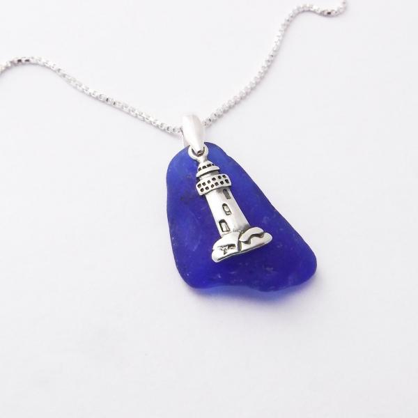 Cobalt Blue Sea Glass Necklace With Lighthouse