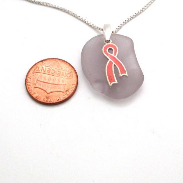 Lavender Sea Glass Necklace with Breast Cancer Awareness Charm picture