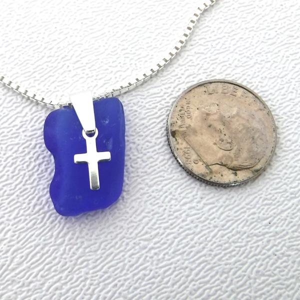 Dainty Cobalt Blue Sea Glass Necklace with Cross picture