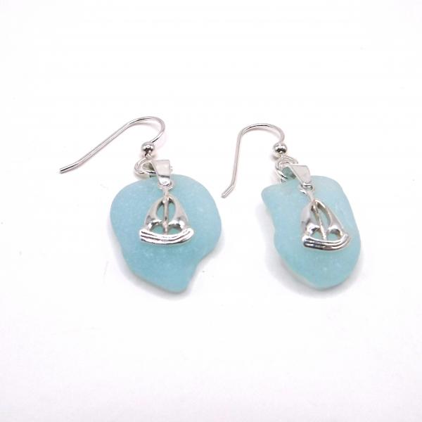 Sky Blue Sea Glass Earrings with Sailboat Charm picture