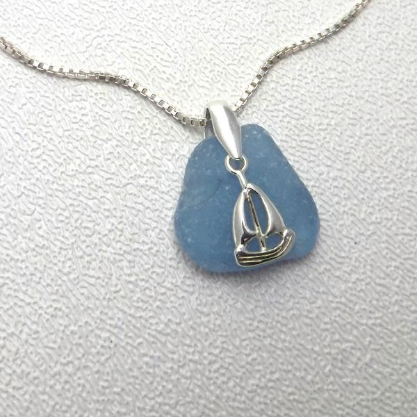Cornflower Blue Sea Glass Necklace With Sailboat