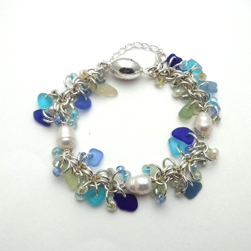 Blues Sea Glass Chainmail Bracelet