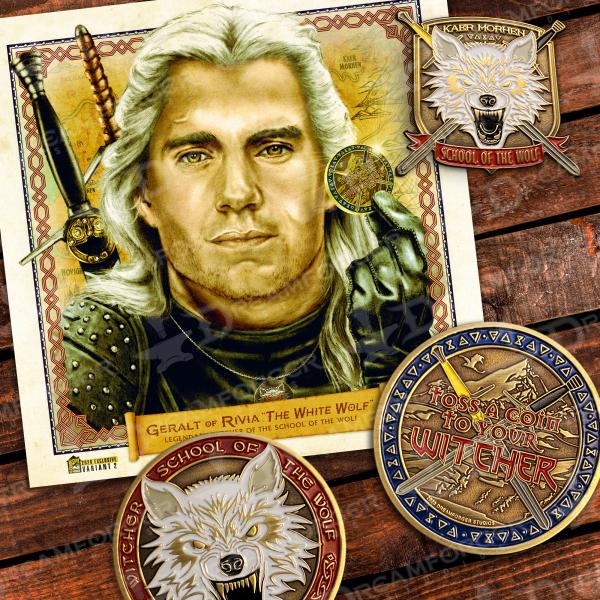 Geralt of Rivia Witcher Bundle • 6" x 6" Limited Giclee Print, Glow-in-the-Dark Antique Gold Metal Coin & Lapel Pin picture