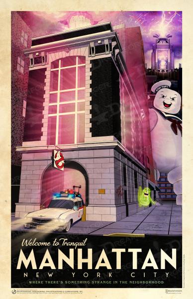 Ghostbusters Firehouse Headquarters NYC • Travel Poster 11" x 17" • Slimer, Ecto-1, Spook Central, Stay Puft, Mass-Hysteria!