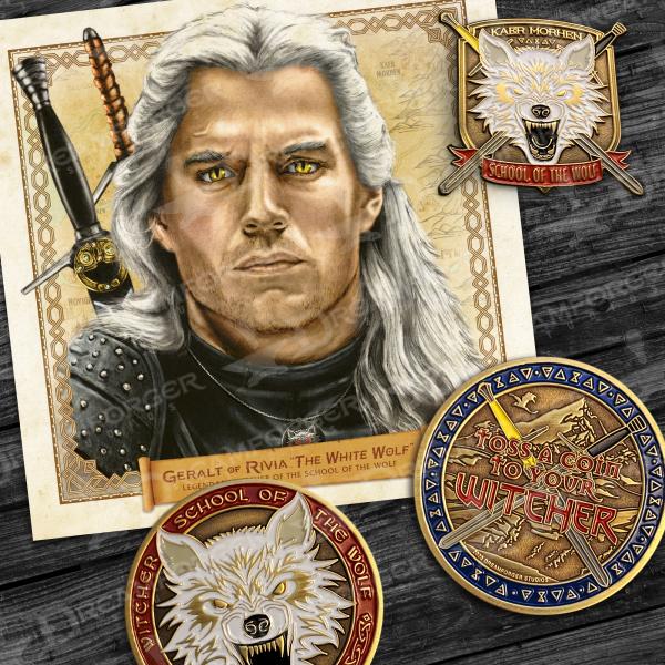 Geralt of Rivia Witcher Bundle • 6" x 6" Limited Giclee Print, Glow-in-the-Dark Antique Gold Metal Coin & Lapel Pin