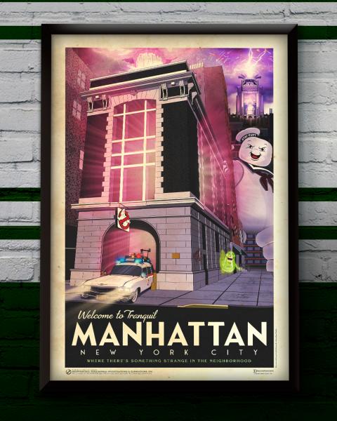 Ghostbusters Firehouse Headquarters NYC • Travel Poster 11" x 17" • Slimer, Ecto-1, Spook Central, Stay Puft, Mass-Hysteria! picture