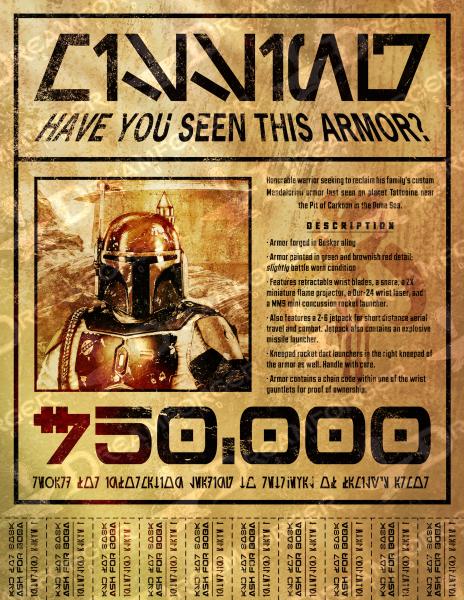 Star Wars "Have You Seen This Armor?" 8.5" x 11" Gold Print Flyer (for Boba Fett's Missing Armor) • The Mandalorian • Galactic Credit Reward