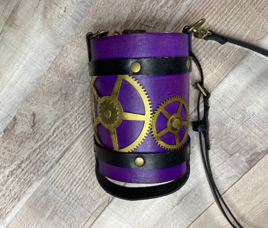 Steampunk leather water bottle holder with strap picture