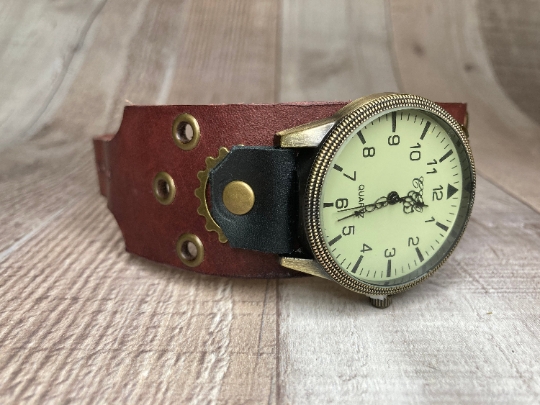 Wide Burgundy, Black Steampunk watch - (Large) picture