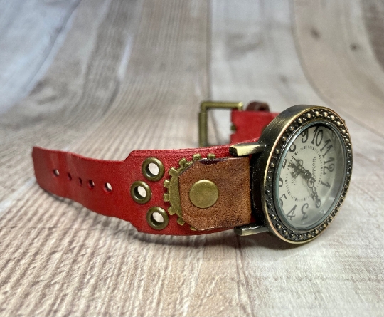 Narrow Red, Brown Steampunk watch - (Small)