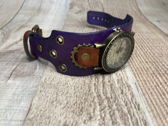 Wide Purple, Brown Steampunk watch - (Small)