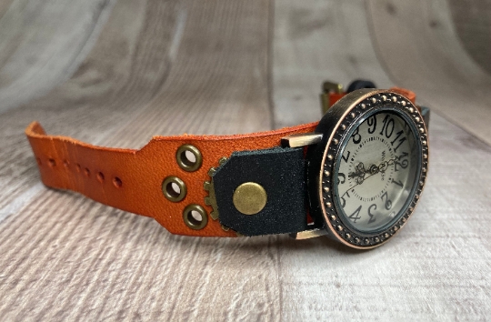 Narrow Orange, black Steampunk watch - (Large) picture