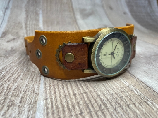 Wide Yellow, Brown Steampunk watch - (Large)