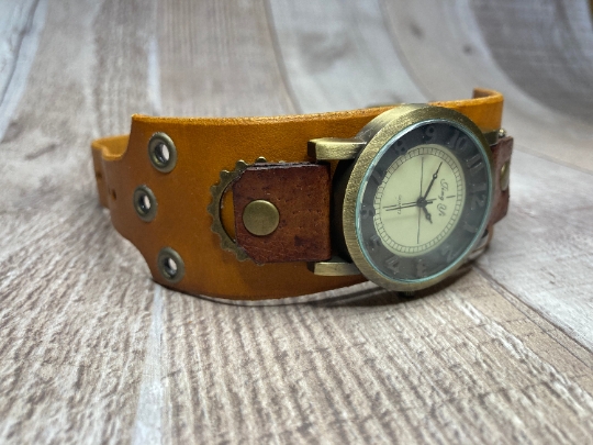 Wide Yellow, Brown Steampunk watch - (Large) picture