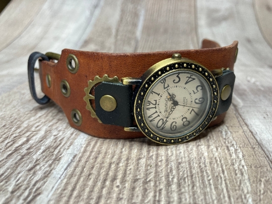 Wide Brown, Black Steampunk watch - (Small)