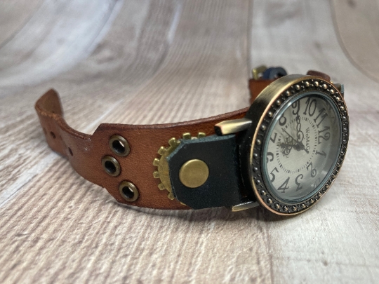Narrow Brown, black Steampunk watch - (Large)