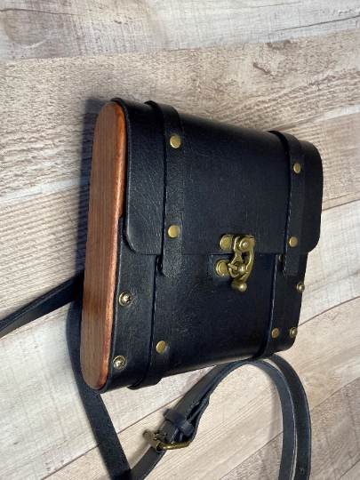 Black Leather & African Mahogany Crossbody Bag