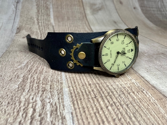 Wide Black Steampunk watch - (Large)