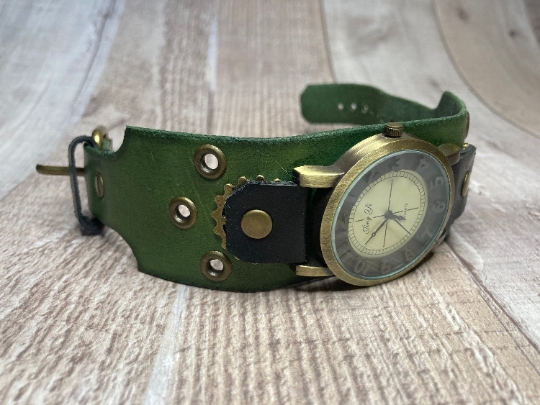 Wide Green, Black Steampunk watch - (Large)