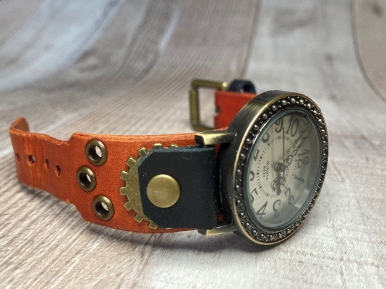 Narrow Orange, Black Steampunk watch - (Small)