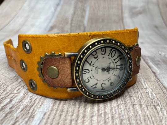 Wide Yellow, Brown Steampunk watch - (Small)