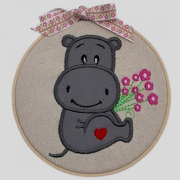 Hippo with Flowers Embroidery Hoop Art