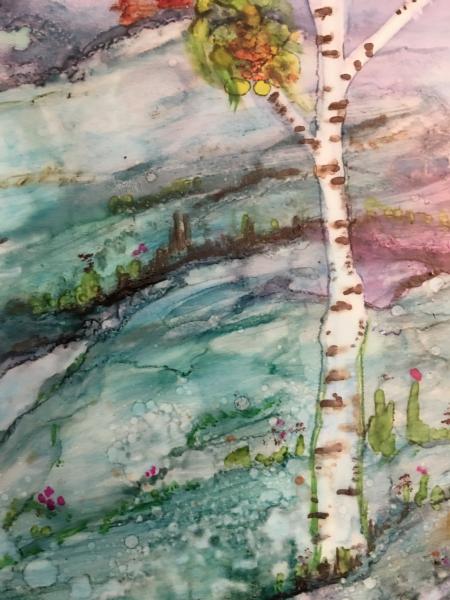 Alcohol Ink Birch Landscape Painting on Yupo Paper Unframed in 8″x10″ Matt and protected with plastic sleeve. Painting size 5″x7″ picture