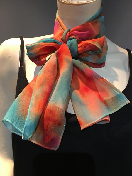 Hand Painted Crepe de Chine scarf in orange, red, turquoise abstract design picture