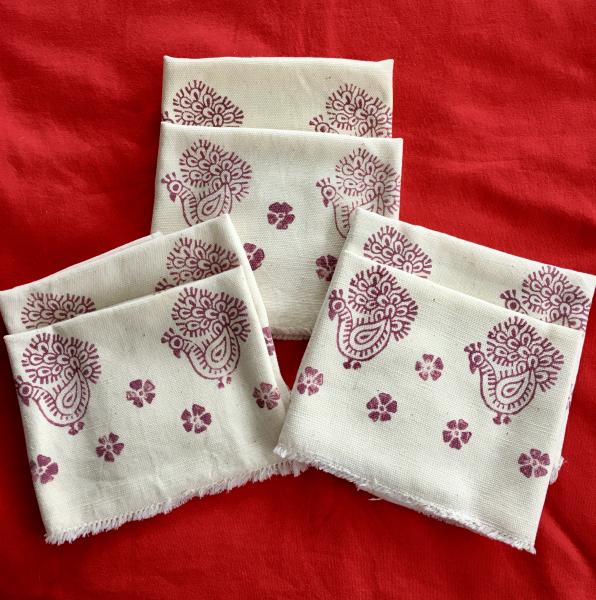 Hand printed table napkins with Indian floral wood block print picture